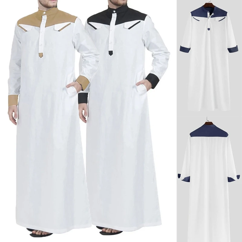 Traditional Muslim Clothing Contrast Color Muslim Dress Middle East Jubba Thobe Men Robe w/ Long Sleeves Mandarin Neck