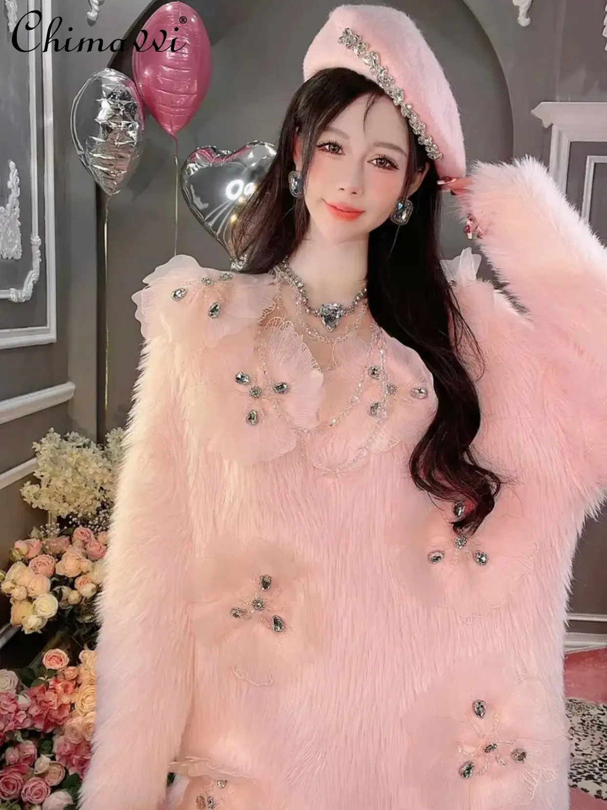 French Style Fashion Sweet Exquisite Rhinestone 3D Flowers Knitted Top Women's 2023 Spring New Mink Fur Gentle Pullover Sweater