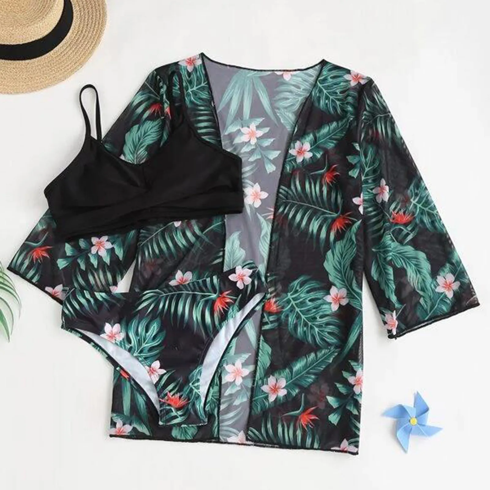 

2022 Cover Up Swimwear Print Short Sleeve Women Swimsuit Bathing Suit Sexy Three Pieces Bikini Set Beachwear Swimming Biquini