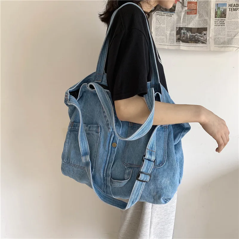 Denim neutral satchel spring new Japanese and Korean casual versatile large-capacity shoulder bag