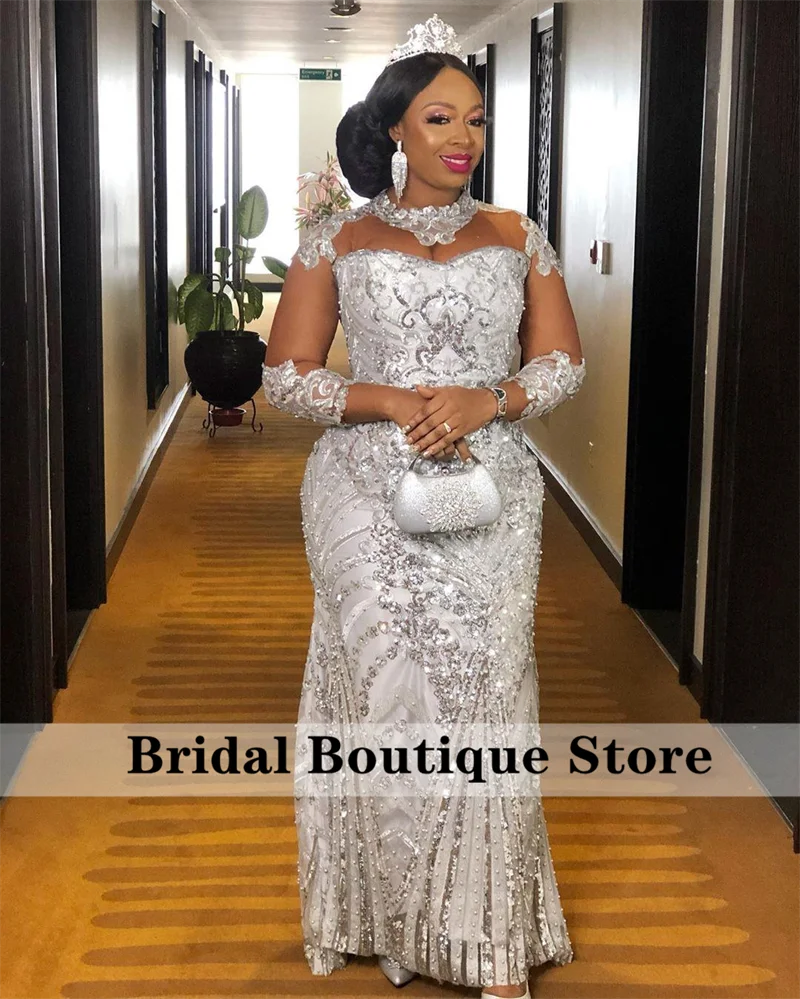 Sparkly Silver African Mermaid Evening Dresses 2022  Pearls Beaded Prom Dress Wedding Guest Wear Robes De Soirée Plus Size