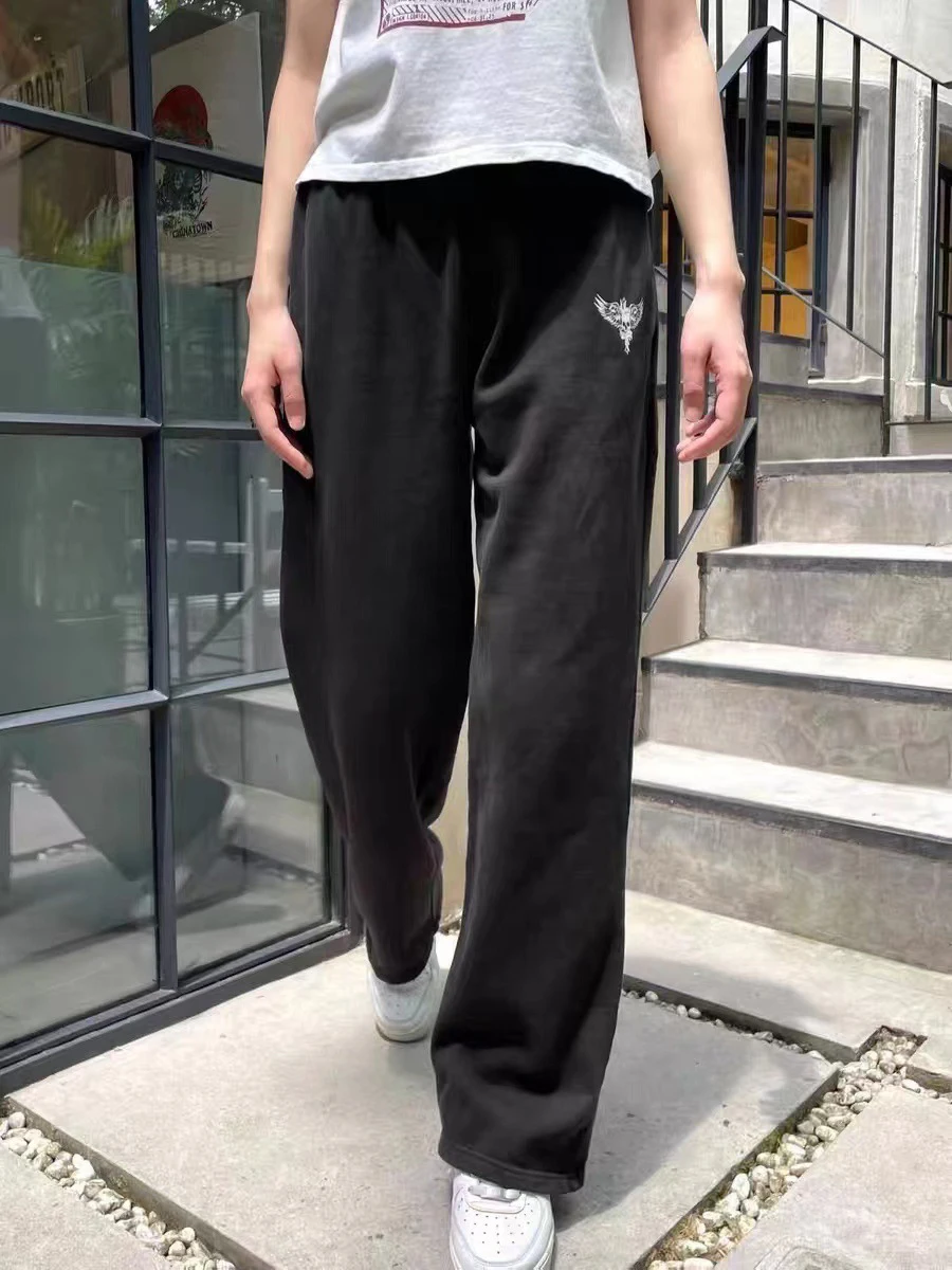 

Skull Graphic Wide Leg Pants Women Casual High Waist Elastic Cotton Sport Sweatpants Female Y2K Streetwear Trousers 2023