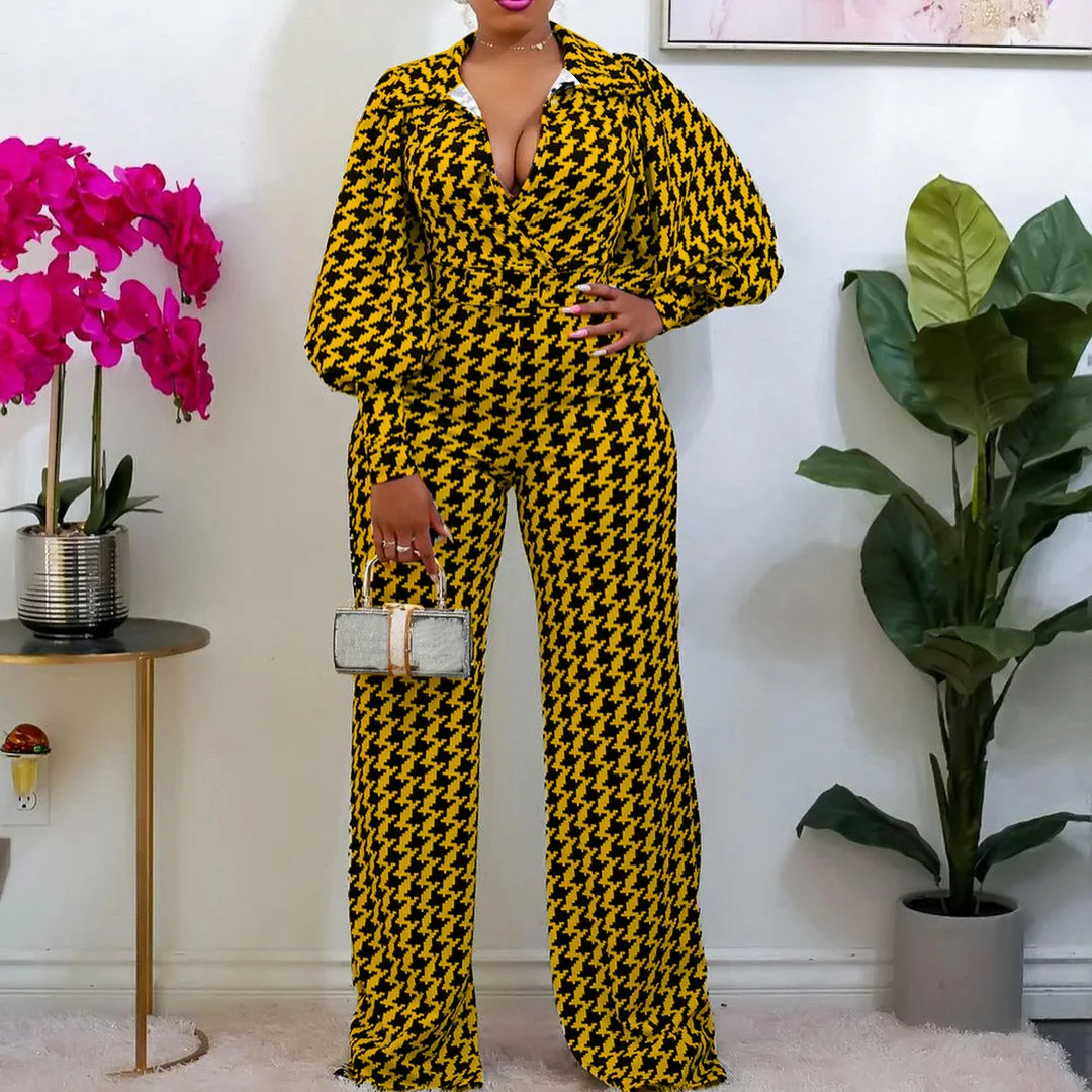 

Elegant Plus Size Spring Jumpsuits Office Lady Yellow Houndstooth Print Women Jumpsuits High Waist Wide Legs Design Playsuits