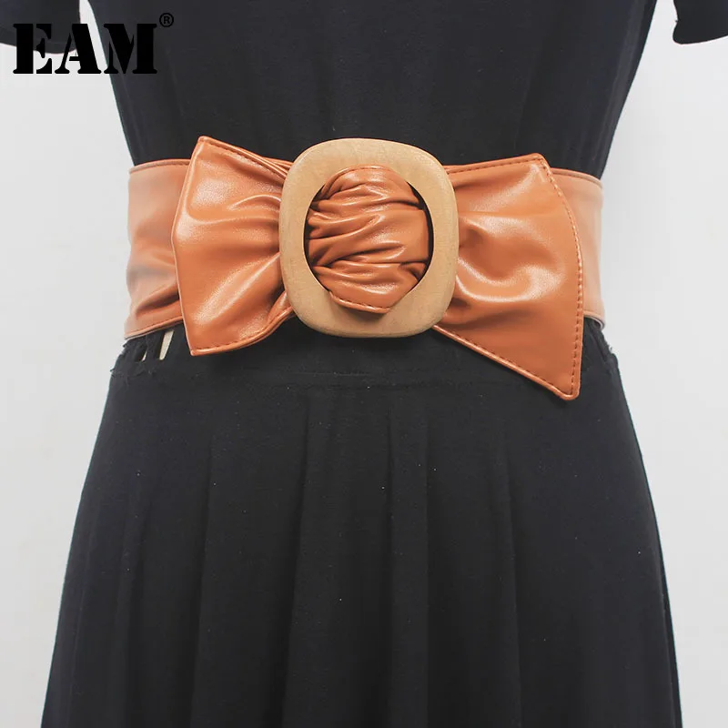 

[EAM] Pu Leather Camel Wooden Buckle Temperament Belt Personality Women New Fashion Tide All-match Spring Autumn 2023 1DF6608