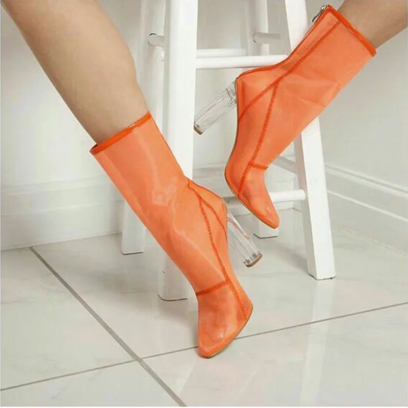 

Arden Furtado Summer Women Sexy Pointed toe Crystal Chunky Heels Short boots Patchwork Mesh Back zipper Cool boots