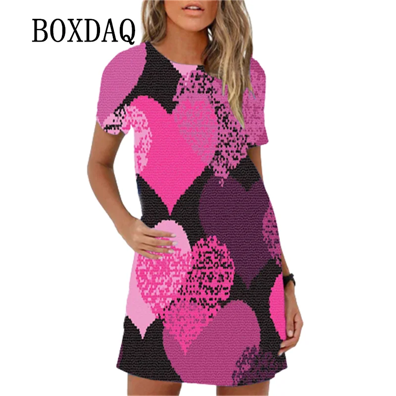 

Женское платье с принтом сердечек, милое повседневное свободное мини-платье с коротким рукавом и круглым вырезом, лето 2023