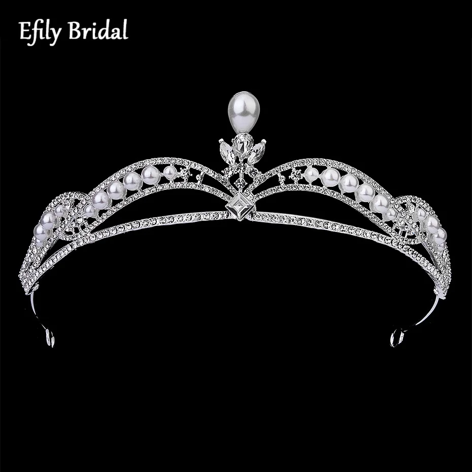 Efily Elegant Silver Plated Bridal Crystal Pearl Tiara Headband for Women Rhinestone Princess Crown Wedding Hair Accessories