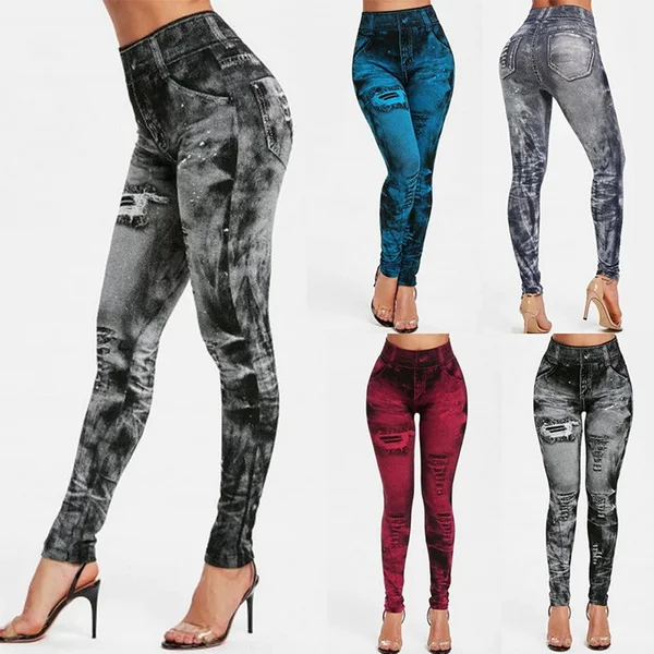 

Women's Pants Eastic High Waist Fake Denim Print Jeans Push Up Fitness Slim Leggings Casual Ripped Pencil Pants Skinny Trousers