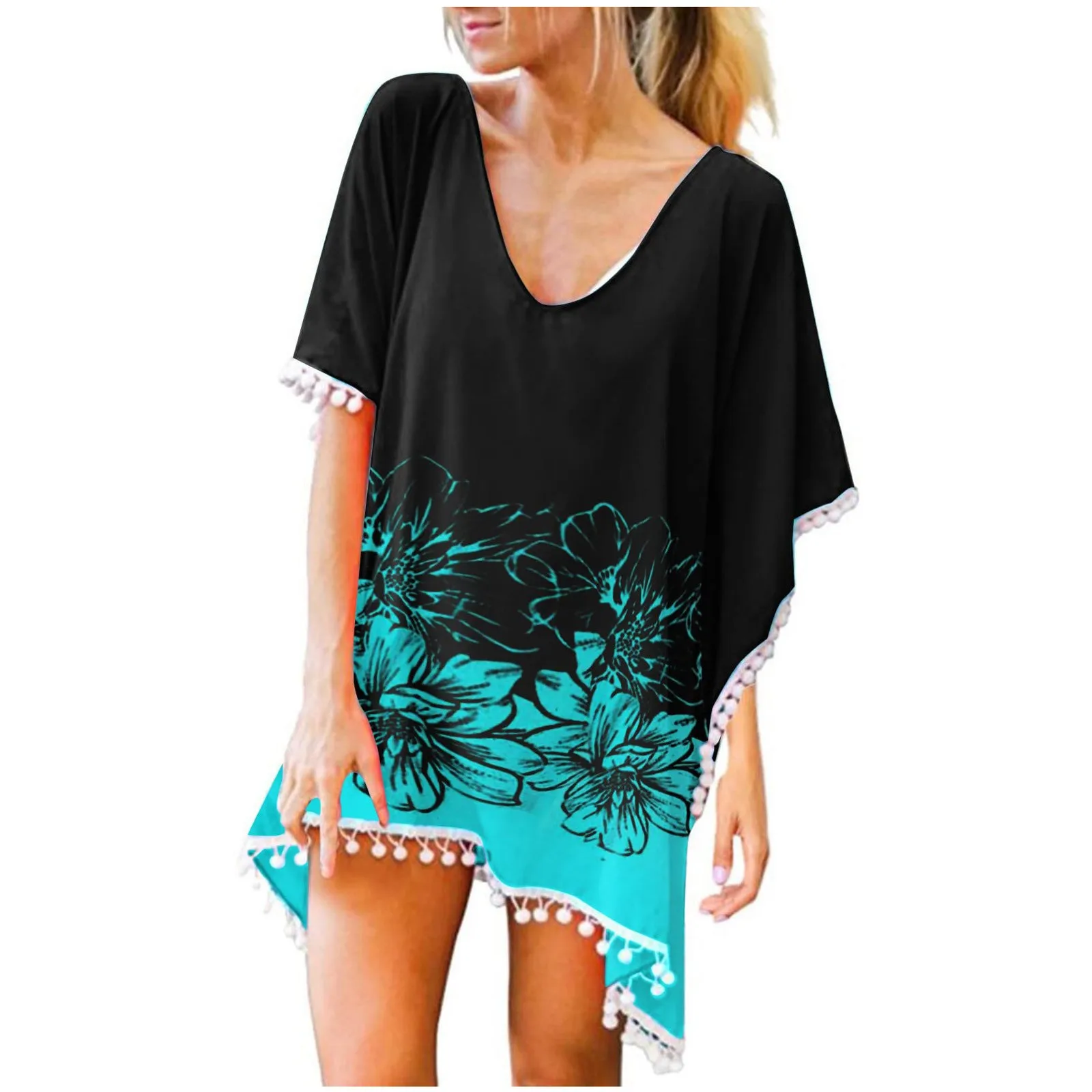 

Summer 2022 Elegant Women's Trim Kaftan Chiffon Tassels Swimwear Beach Loose Bikini Cover Up Tops Tops And Blouses Plus Size