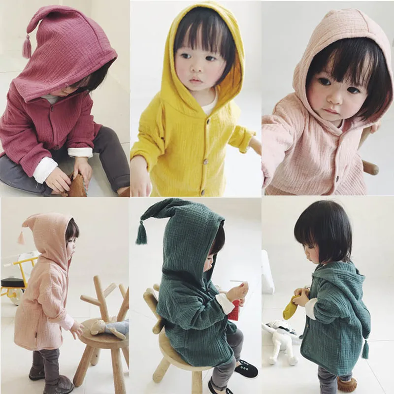 2023 Baby Girls Jackets Shirt Linen Kids Tops Autumn Boy Clothing Tassel Hat Design Cotton Children Cardigan 1-6Y Blouse Toddler