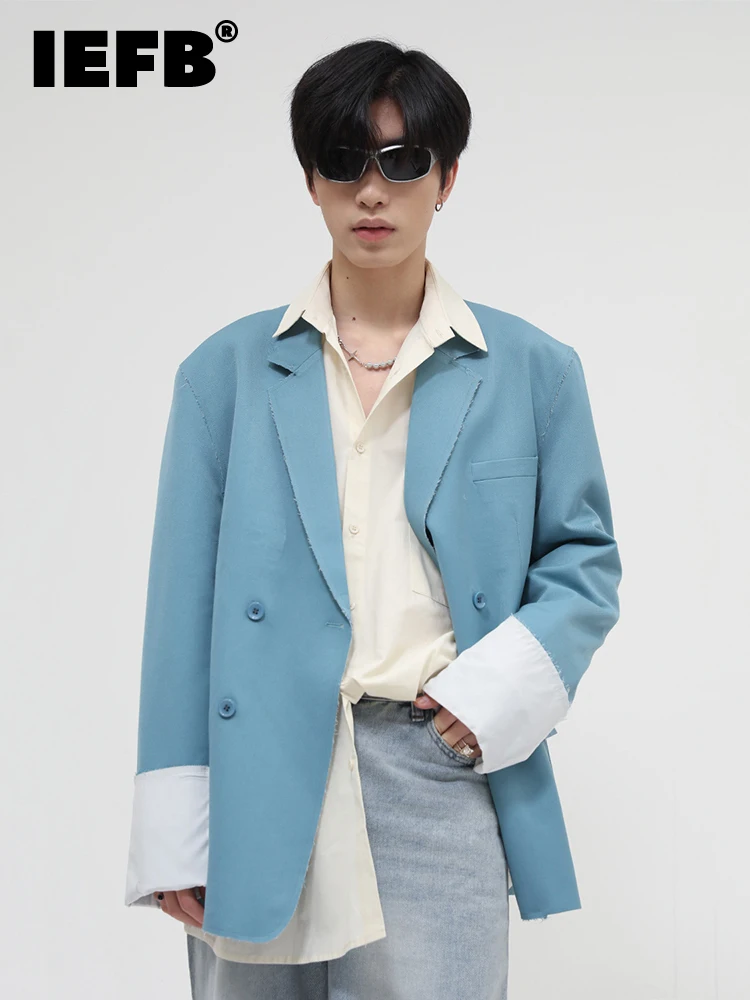

IEFB Raw Cut Colorblocked Patchwork Suit Jackets For Men Spring 2022 New Double-breasted Shoulder Pad Ovesized Blazer Chic A1194