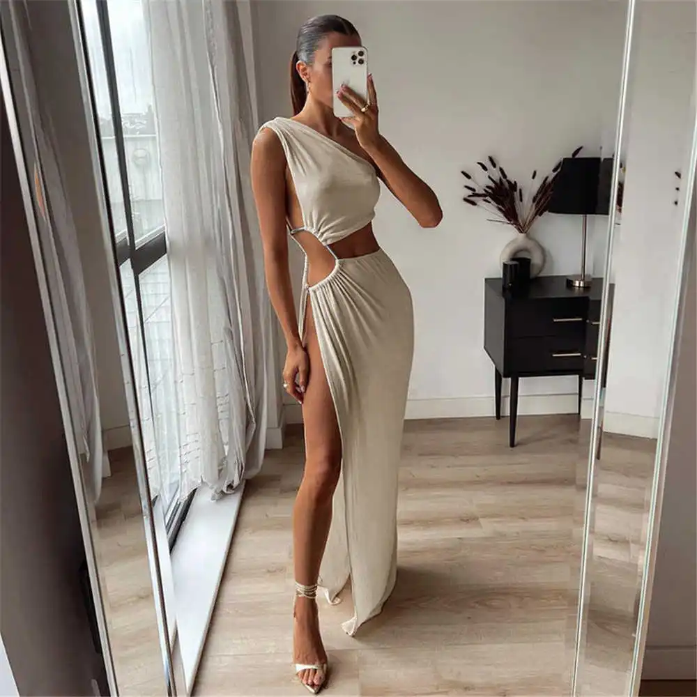2022 Ladies One Shoulder Hollow Out Maxi Dress Sexy Side Split Clubwear Party Evening Special Occasion Long Dresses