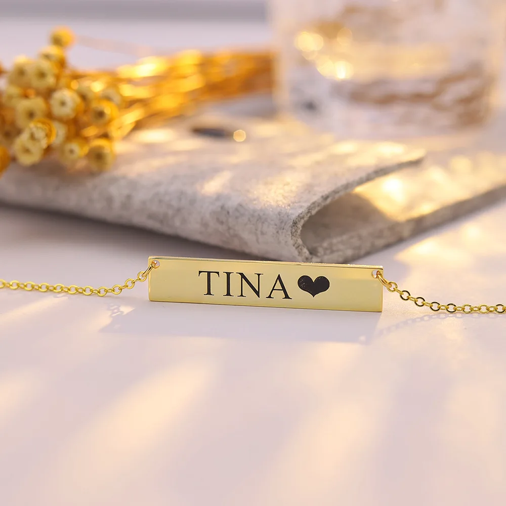 Classic S925 Silver Custom Engraving Letter Name Necklace Personalize Long Strip Bar Shape Gifts Women Party Jewelry