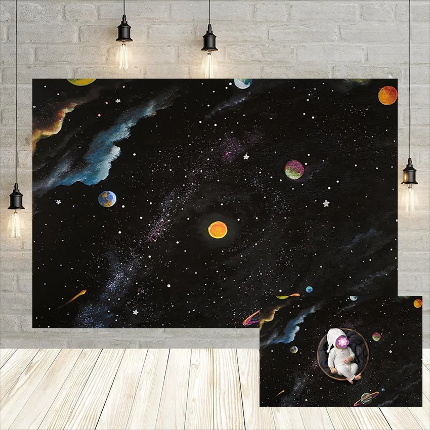 

Outer Space Rocket Astronaut Backdrops Decoration Planet Star Universe Newborn Baby Shower Portrait Photography Background Props