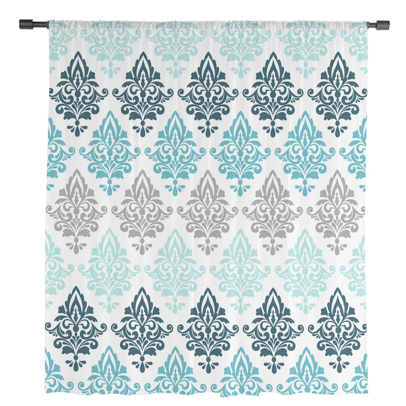 Дамасские прозрачные шторы в стиле барокко с градиентом цвета морской волны для