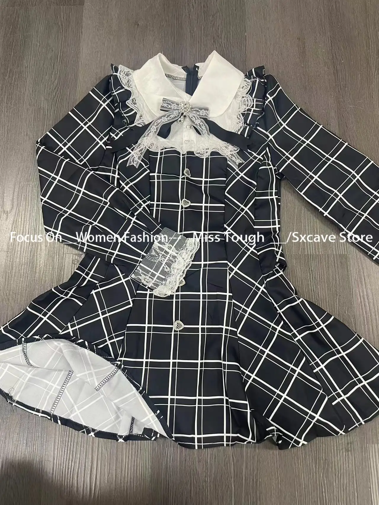 Фото Черные клетчатые платья Harajuku Sweet Bow, универсальное облегающее платье Kawaii Lolita для женщин, осеннее новое платье с длинными рукавами, Vestidos De Mujer №4