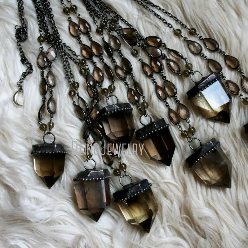 NM42862 Natural Crystal Point Tower Necklace Smoky Quartz Point Pendulum Talisman Obelisk Witch Wicca Goth Boho Necklace