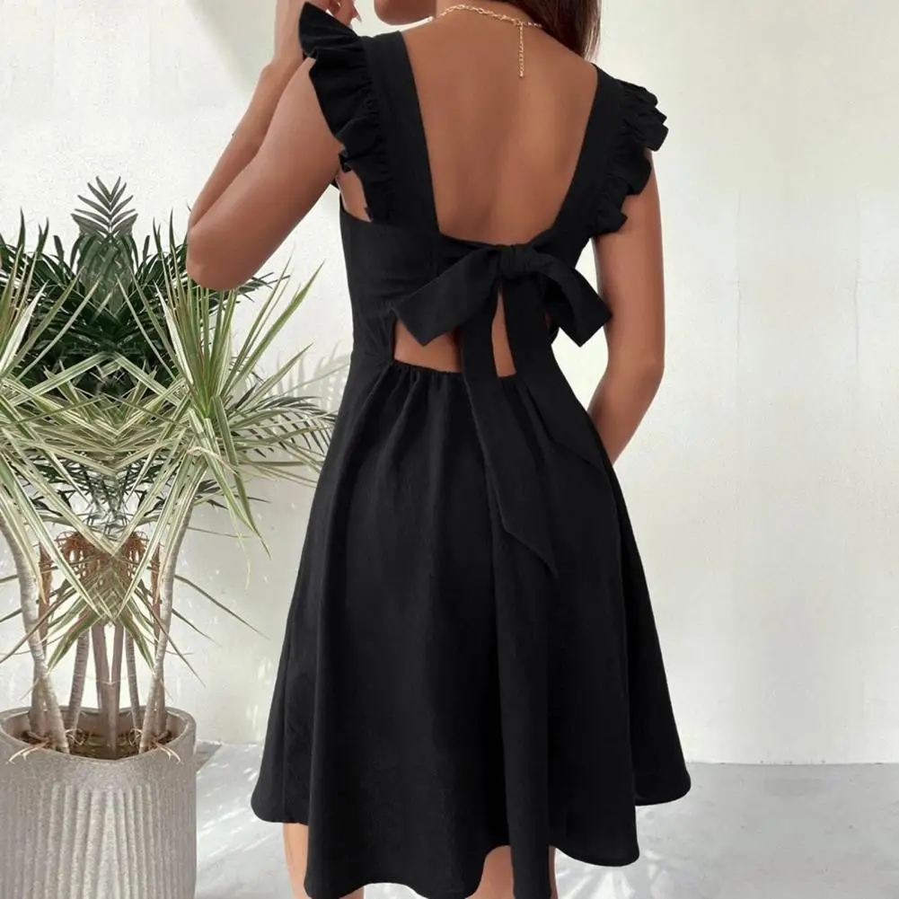 

Popular Summer Dress Solid Color Breathable Mini Dress Ruffle Trim Sleeve A-Line Suspender Dress