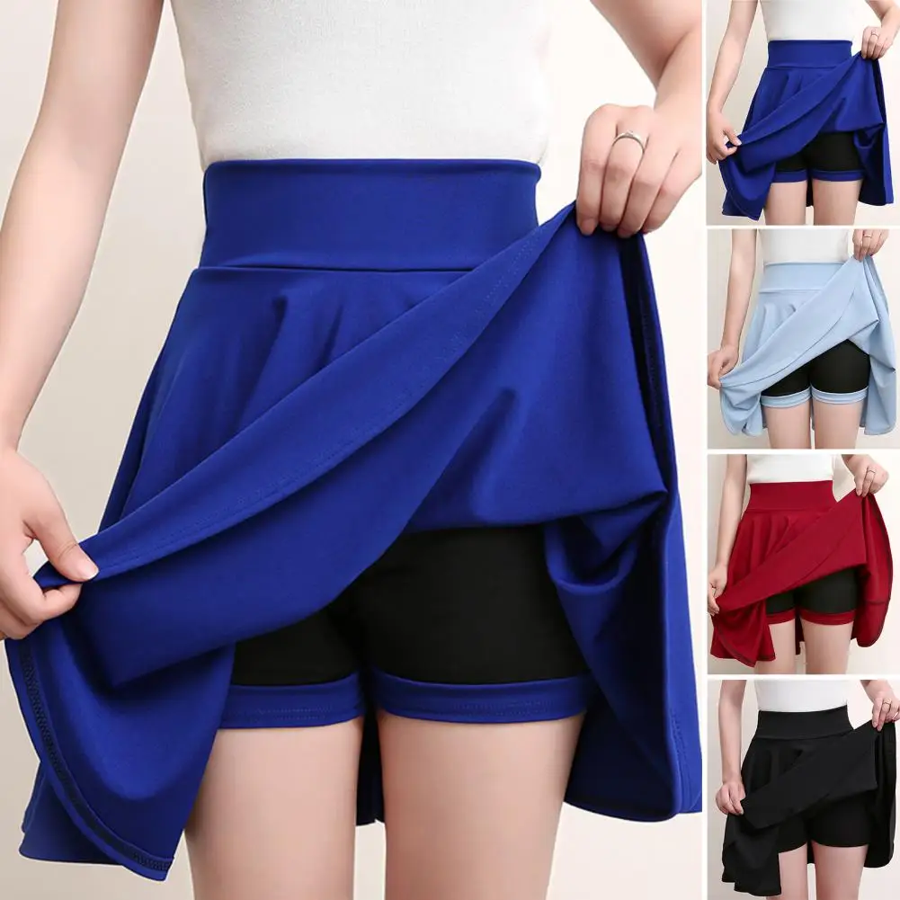 

Elastic Waistband Pleated Solid Color Anti-exposed Shorts Skirt Fake Two Pieces High Waist Mini Skater Skort High Waist Vintage