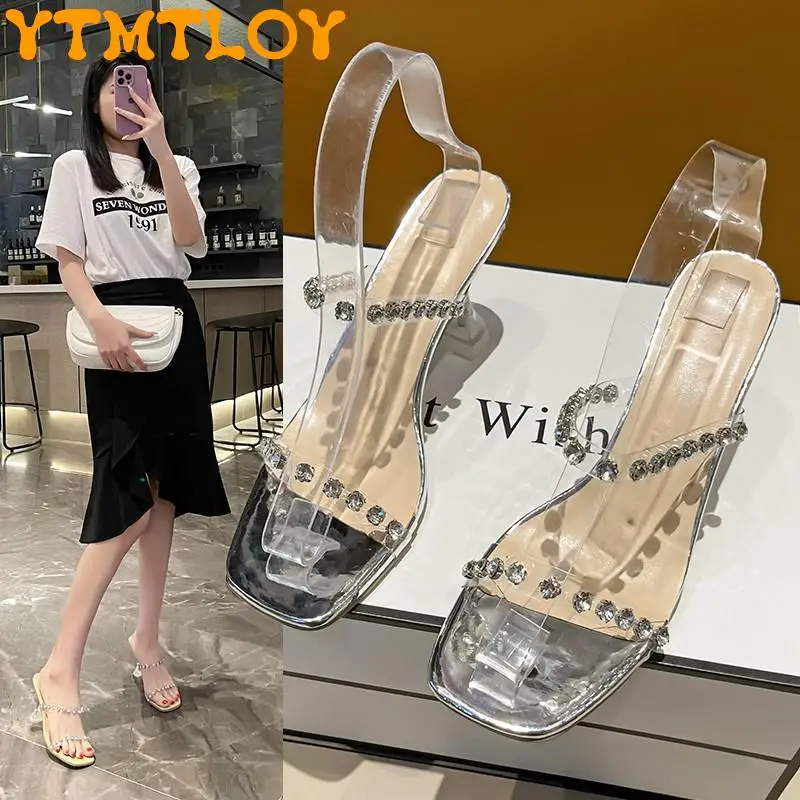 

2022 Early Spring New Temperament Goddess God Haoshi Rhinestone Transparent High-heeled One Word With Square Head Thin Slippers