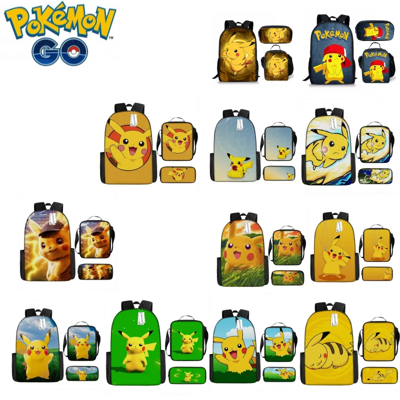 

Pikachu cartoon anime printed schoolbag male student children 3pcs Pokemon cute burden reduction creative backpack shoulder bag