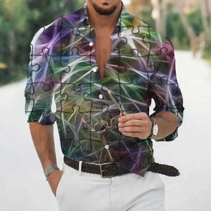

Men's Long Sleeve Tops Quick Dry Shirts Geometric Printed Casual Hawaiian Shirts Men's Single Breasted Lapel Streetwear