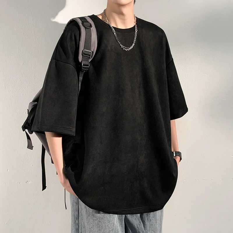 

Summer Short-sleeved T-shirt Men Fashion Casual Vintage Suede T Shirt Men Streetwear Hip-hop Loose O-neck Tshirt Men Tops M-3XL