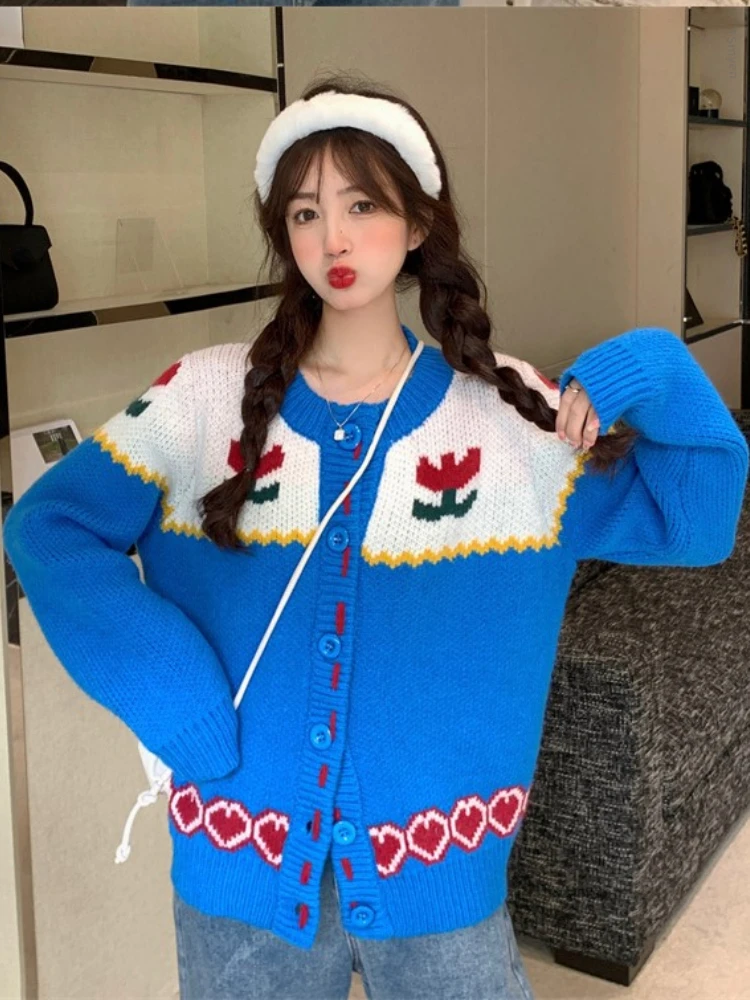 

Autumn Winter Sweet Knitted Cardigan Women Kawai Jacquard O-neck Long Sleeve Sweater Female Korean Fashion Loose Wear Outer Coat