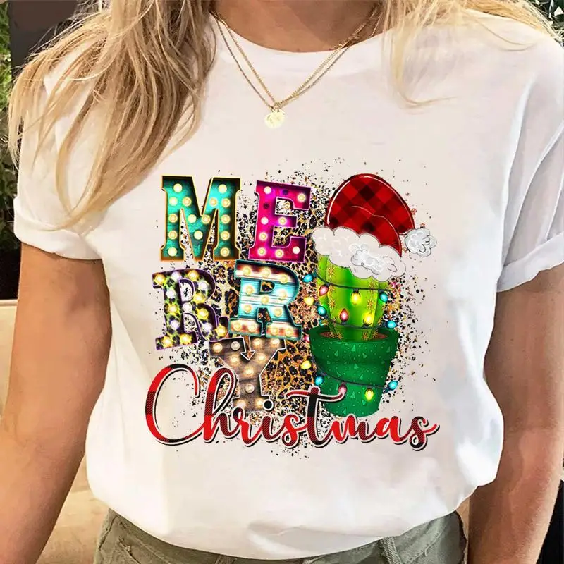 

Women Print Tees Christmas New Year Tshirt Female Clothes Cactus Plant 90s Tops Ladies Fashion Cartoon Graphic T-Shirt