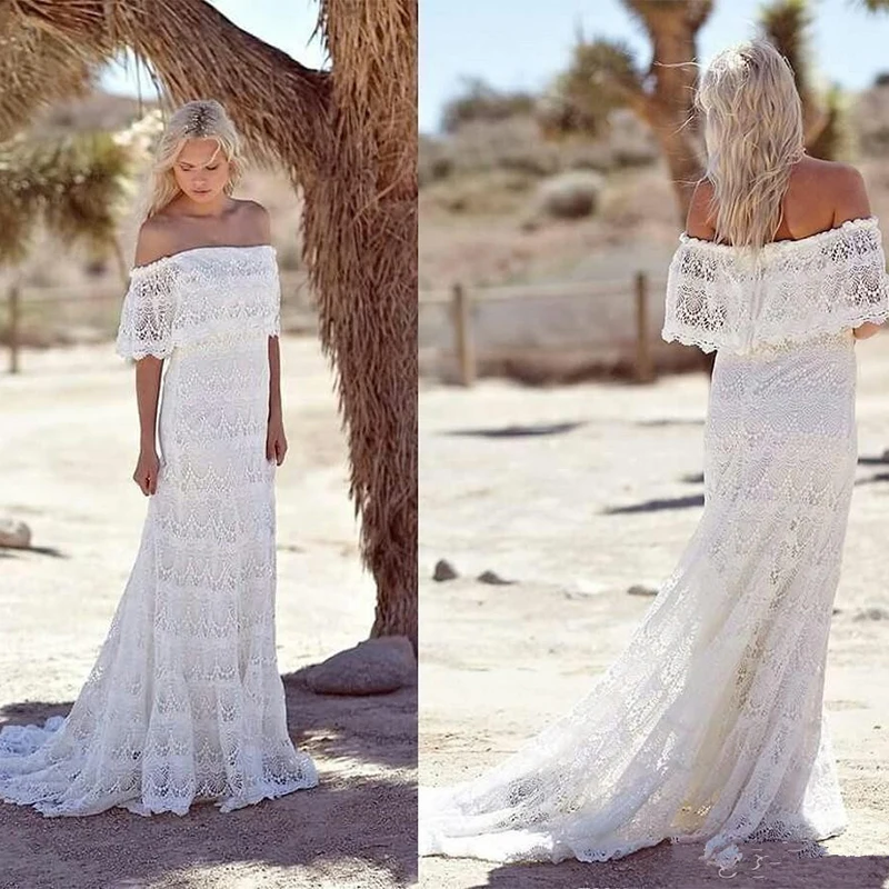 

Sexy Mermaid Wedding Dress Off Shoulder Scoop Neck Bridal Long Gown Lace Applique With Lace Train Robe De Mariée