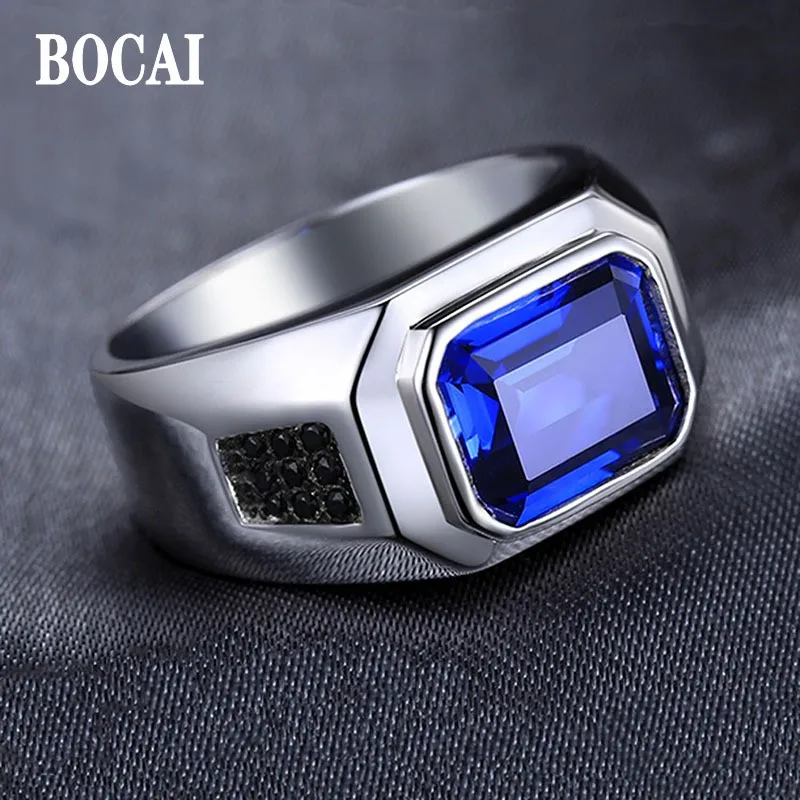 BOCAI 2022 New 100% Pure S925 Silver Jewelry Classic Dark Blue Cubic Zirconia 3A Personalized Atmosphere Punk Trend Men's Ring