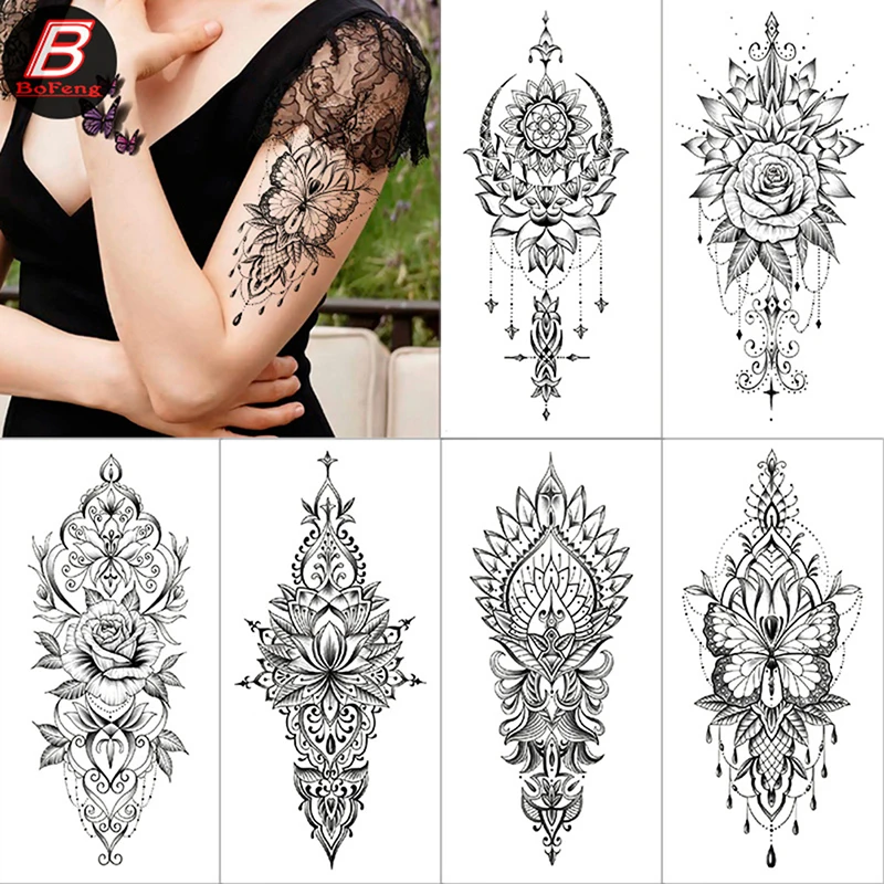 

Flower Temporary Tattoo Women Body Art Painting Arm Leg Tattoo Sticker 3D Fake Black Rose Waterproof Half Sleeve Tattoo