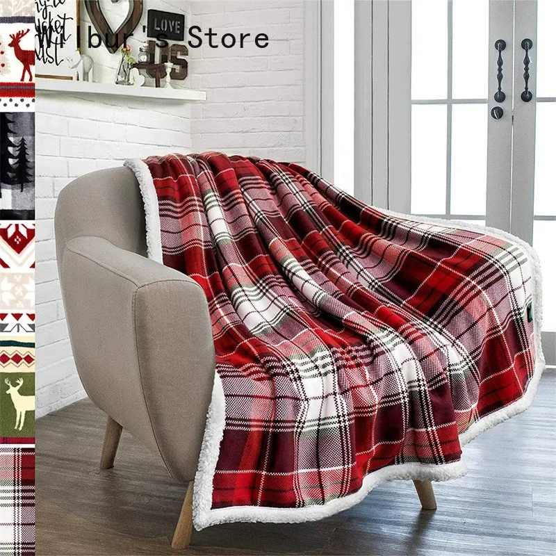 

Red Plaid Christmas Warm Flannel Blanket Winter Soft Fleece Throw Blanket for Sofa Chair Nap Plush Sherpa Snowflake Bedspread