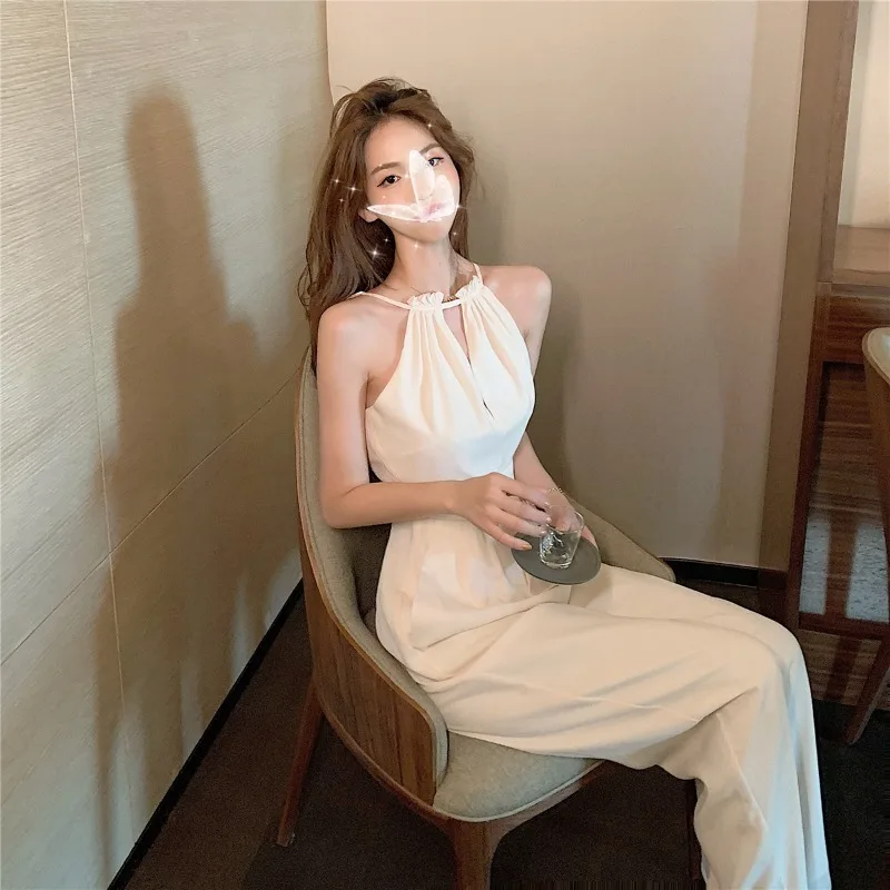 

Korean Fashion 2021 New High Waist Wide Leg Pant White Open Back Jumpsuit Ladies Thin Casual Pants Women Summer Clothes Jumpsuit