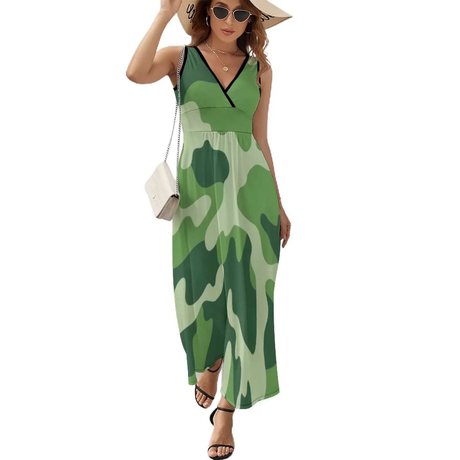

Green Camouflage Dress Camo Military Print Elegant Maxi Dress Sleeveless Street Style Bohemia Long Dresses Women V Neck Vestidos