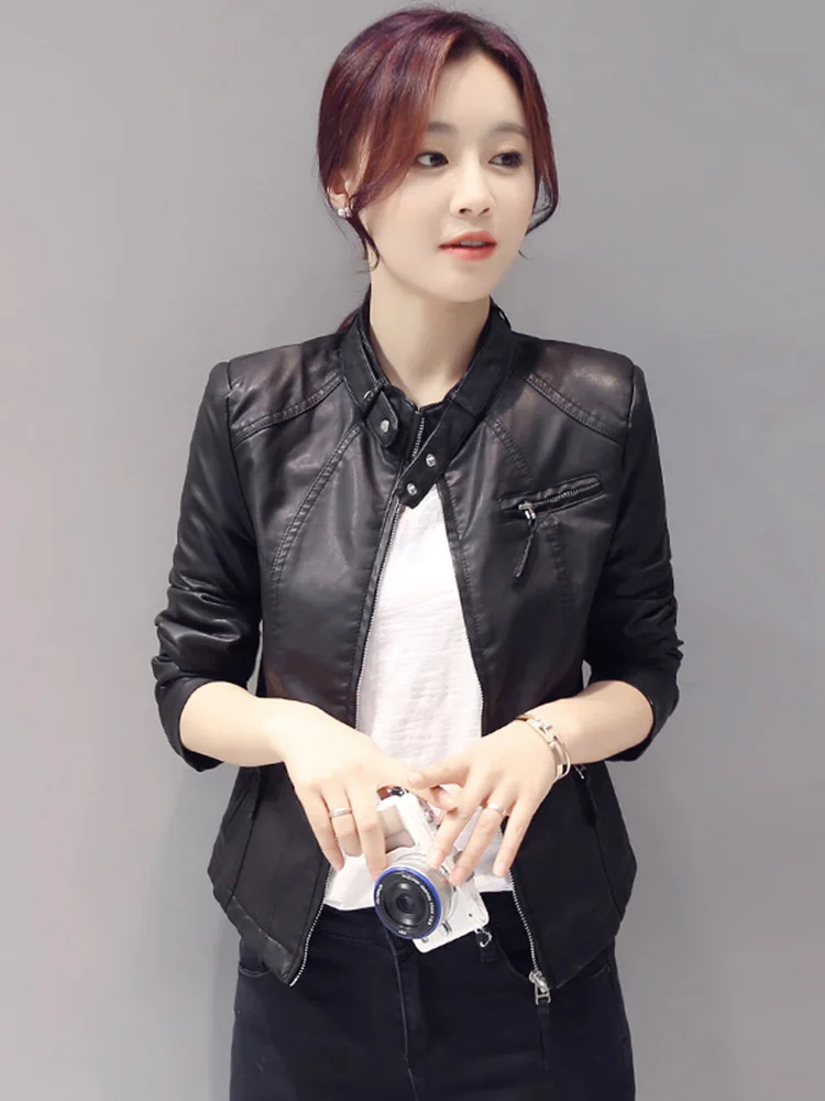 New Women Stand Collar Biker Jacket Spring Autumn Casual Zipper Short Slim Sheepskin Jacket Fashion Moto Outerwear Split Leather