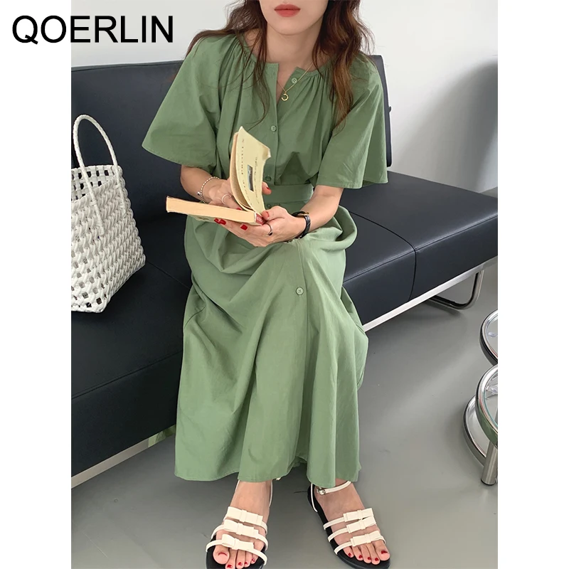 

QOERLIN Vintage Flying Sleeves Single-Breasted Lace-Up Loose Dress Women Summer Short Sleeve Button Up Dress Bandage Vestidos