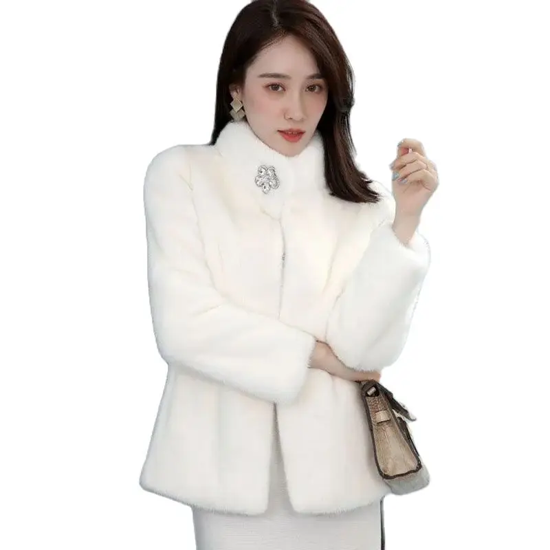 

Haining 2023 New Mink Fur-like Temperament Coat Female Slim Stand Collar Short Early Autumn Rabbit Fur Zipper Fashion Coat Femal