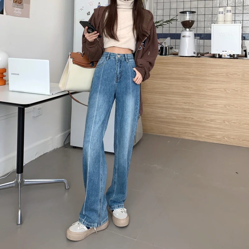 

Джинсы DD1341 в стиле ретро с высокой талией женские новые свободные универсальные прямые брюки с широкими штанинами и шваброй модные джинсы