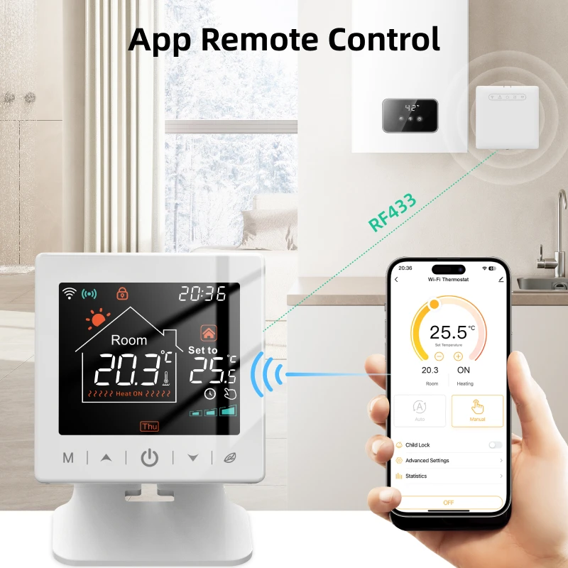 Фото Умный Wi-Fi термостат Tuya RF, беспроводной программируемый контроллер температуры для газового котла с дистанционным управлением через Alexa и Google. №4