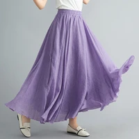 summer long skirt women high waist elastic waist casual retro cotton linen pleated skirt for girls maxi skirts falda para mujer
