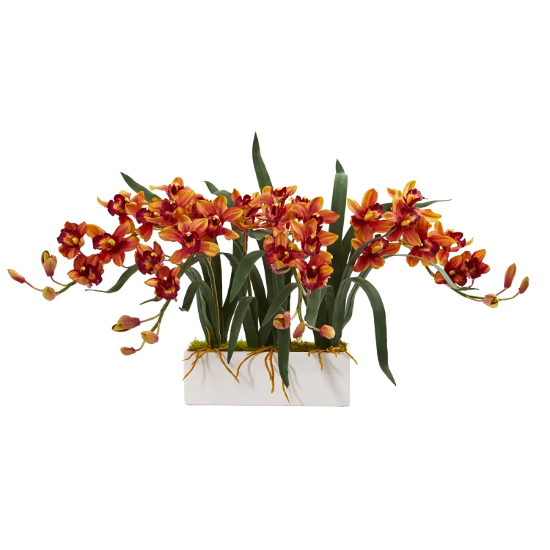 

15" Cymbidium Artificial Flower Arrangement in White Vase, Red