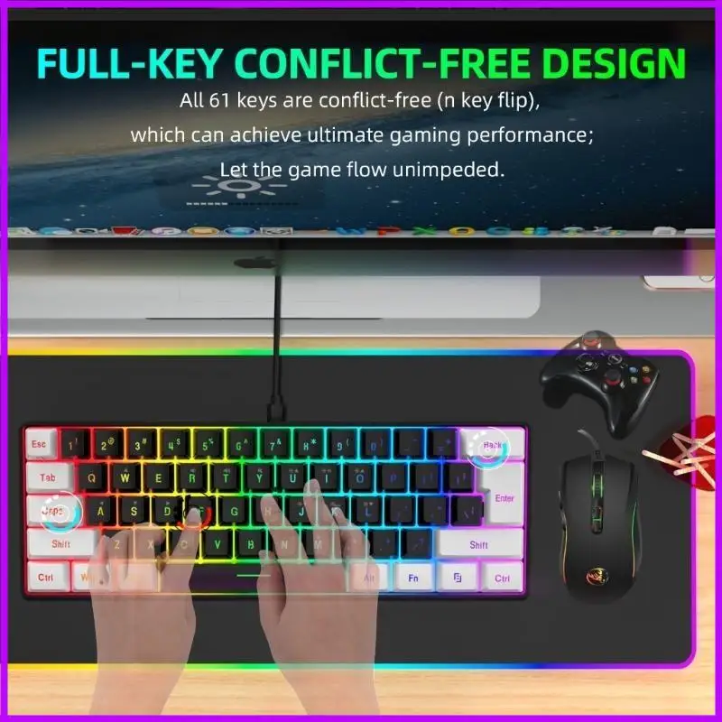 Фото Ультракомпактная 61 клавиша RGB Mini клавиатура, 3200 DPI Optical Mouse для ПК №4