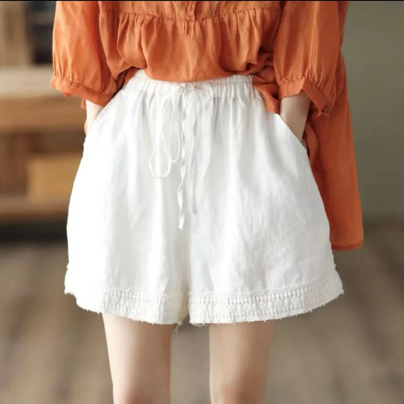 Lace Short Pants for Women To Wear Baggy Embroidery Womens Shorts Elastic Waist Loose Design Hot Classic Trend 2023 Normal Cheap
