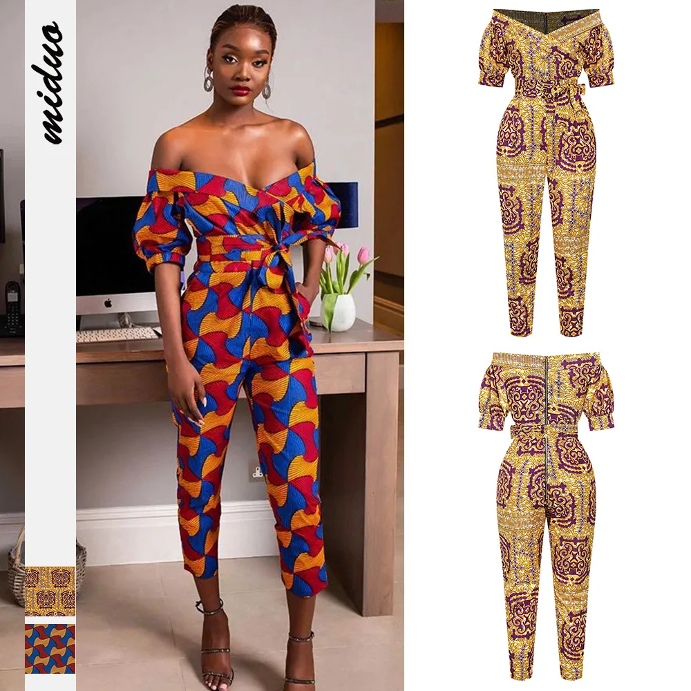 

African Fashion Clothes for Women Middle East Fashion Dashiki Print Sexy Off Shoulder Jumpsuit with Belt Ladies Pants