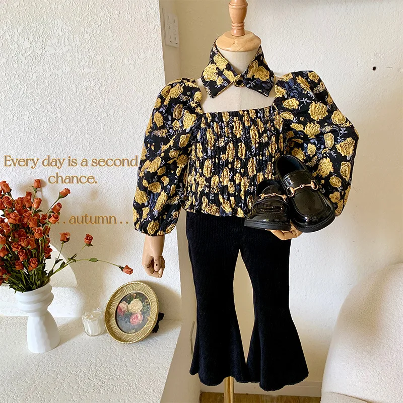 

Демисезонная Блузка для девочек, детская рубашка, детская блузка для малышей, детская одежда, эластичный разборный воротник с цветочным при...