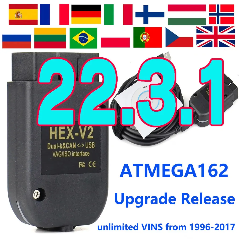 

2022 VAG COM 22.3.1 OBD2 Scanner HEX V2 USB Interface FOR VW AUDI Skoda Seat Unlimited VINs Polish English German Atmega162