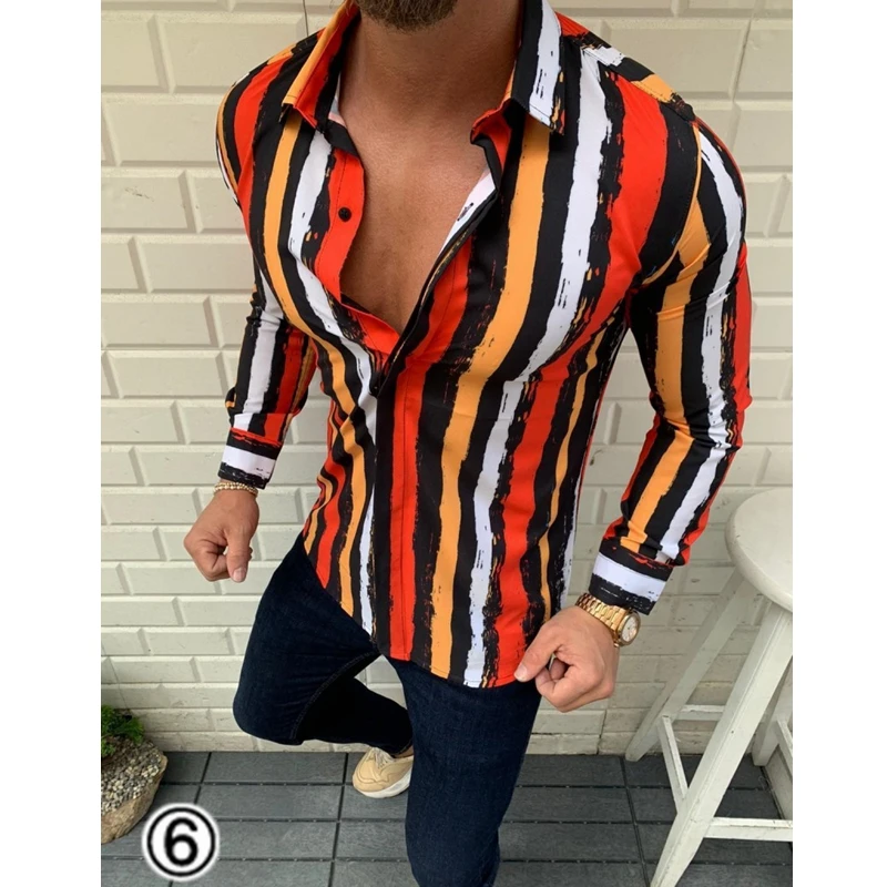 Men Shirt Summer Slim-Fit Cardigan Striped Shirt Men's Casual Long Sleeve Single-Breasted Turn-down Collar Gradient Color Shirt