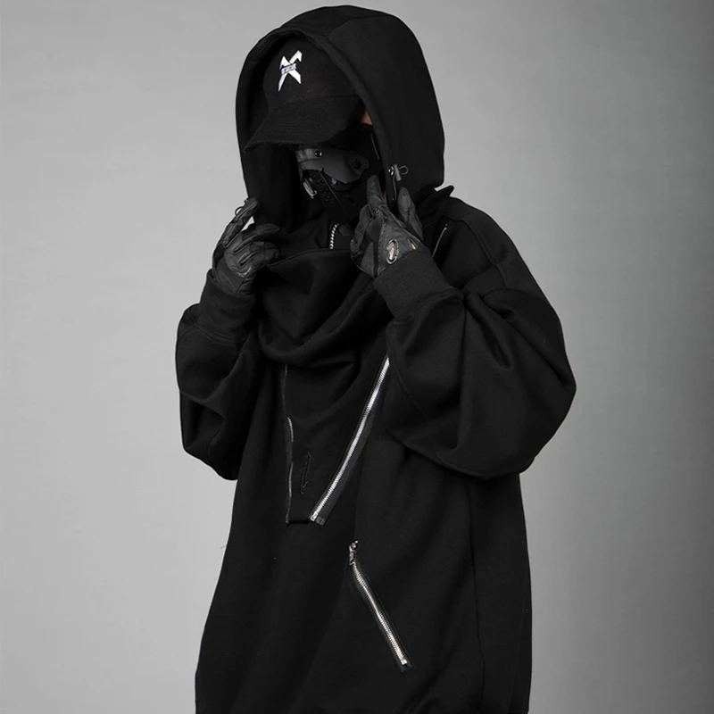 Black Embroidery Hoody Sweatshirt 2023 Men's Hoodies Streetwear Harajuku Loose Big Zipper Coat Male Hip Hop Cargo Clothes Top