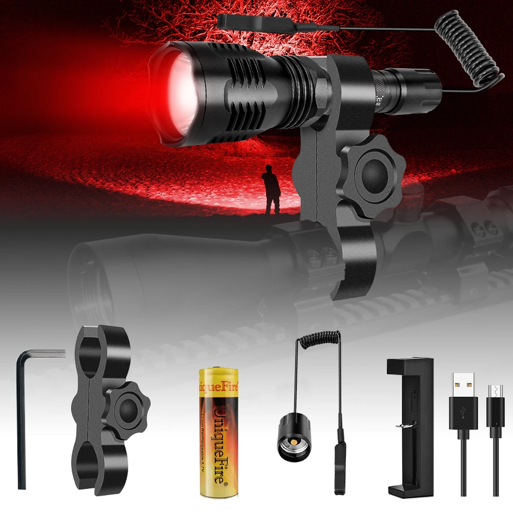 UniqueFire HS-802 Red Light XRE LED Flashlight 3 Modes Full Set Portable Torch Outdoor Lamp Waterproof for Hunting Night Fishing